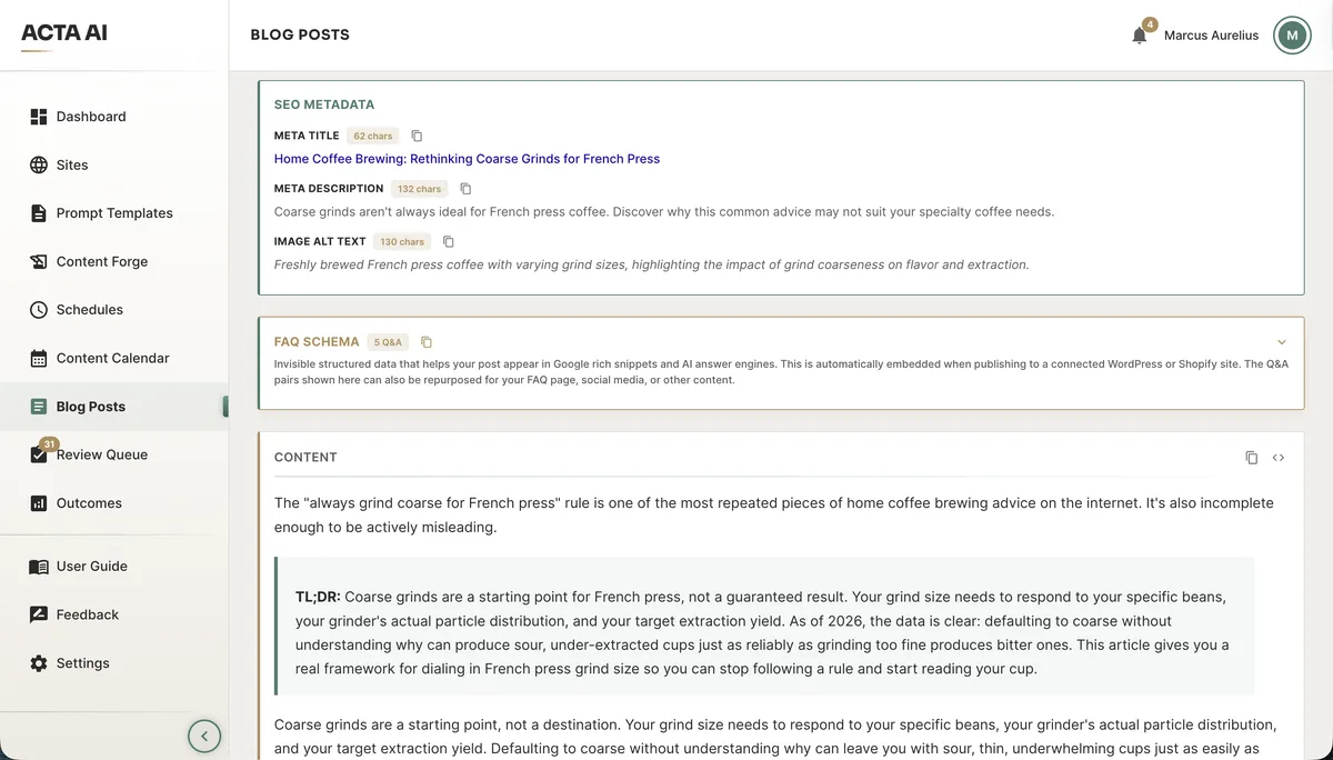 Acta AI blog post with SEO metadata and FAQ schema